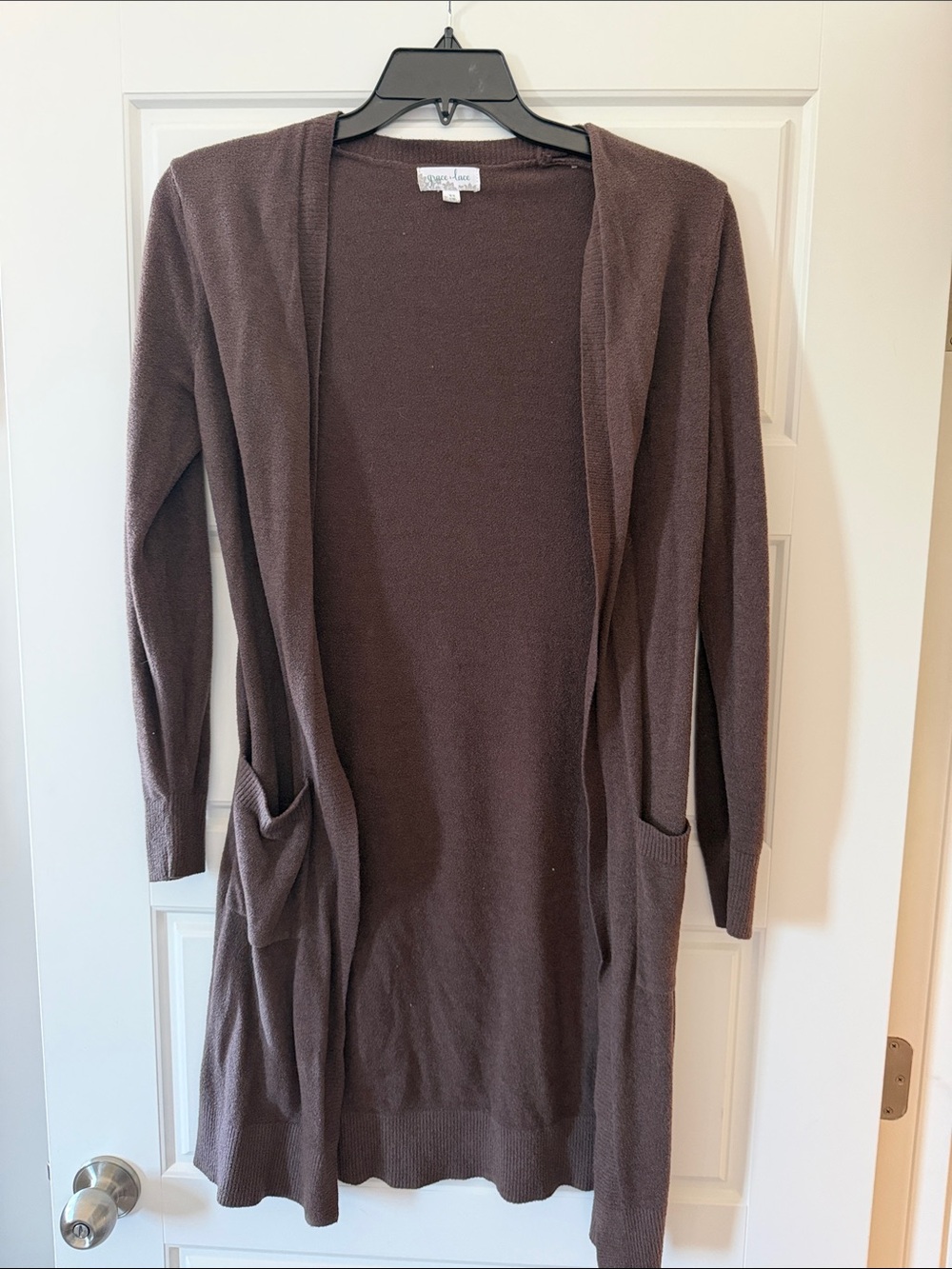 Grace & Lace Long Open-Front Cardigan Sweater in Brown